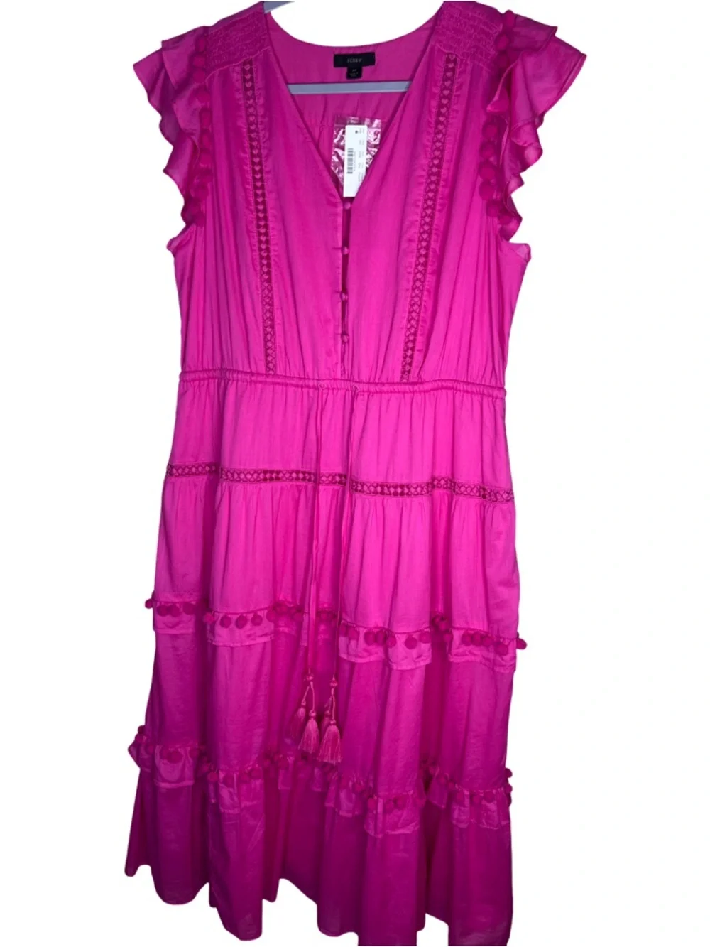 NWT J. Crew Pink Tiered Midi Dress with Flutter Sleeves and Pom Pom Trim Sz 14